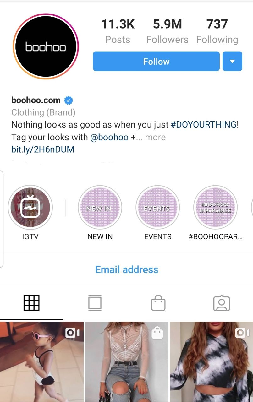 Boohoo's instagram page which shows 5.9 million followers and Instagram posts that link to their website